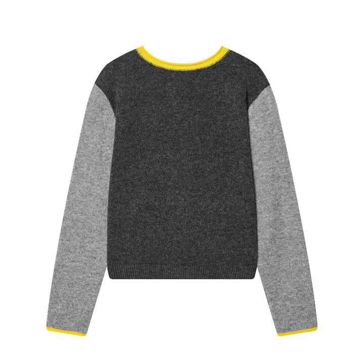 Damen nan kurze zweifarbige Wollcardigan mit kontrastierter Knopfleiste geripptem Saum und Hornknöpfen Drune