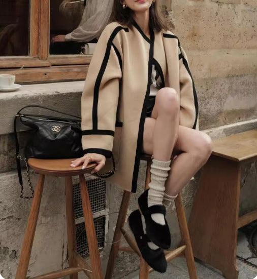 Damen Modische Oversized-Jacke mit strukturierten Details und Kontrastnähten Drune