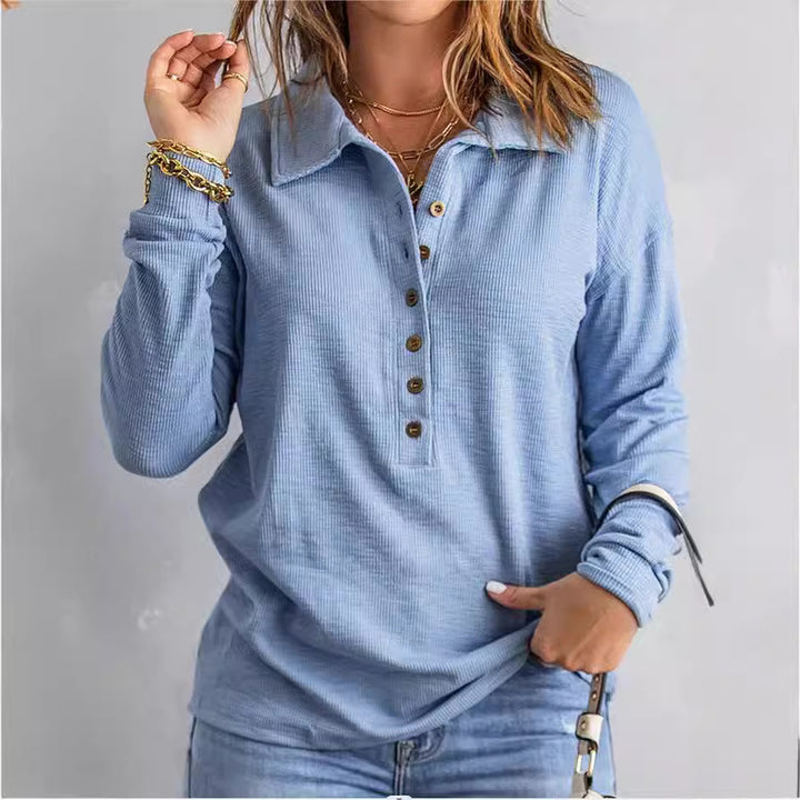 Damen Langarm-Waffelshirt mit Hemdkragen und Knopfleiste Drune