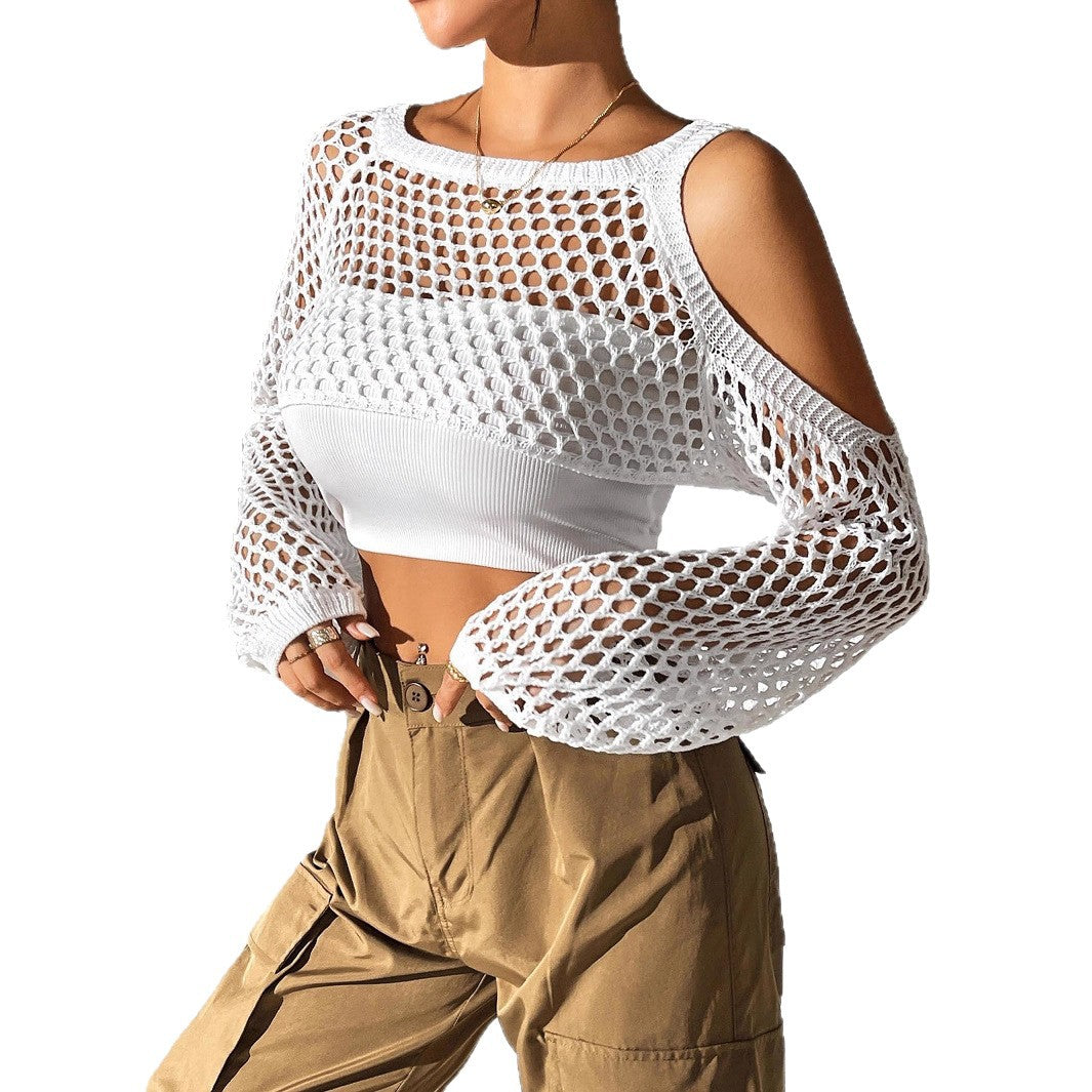 Damen gestricktes Netzoberteil mit offenen Schultern und modischem Design Drune