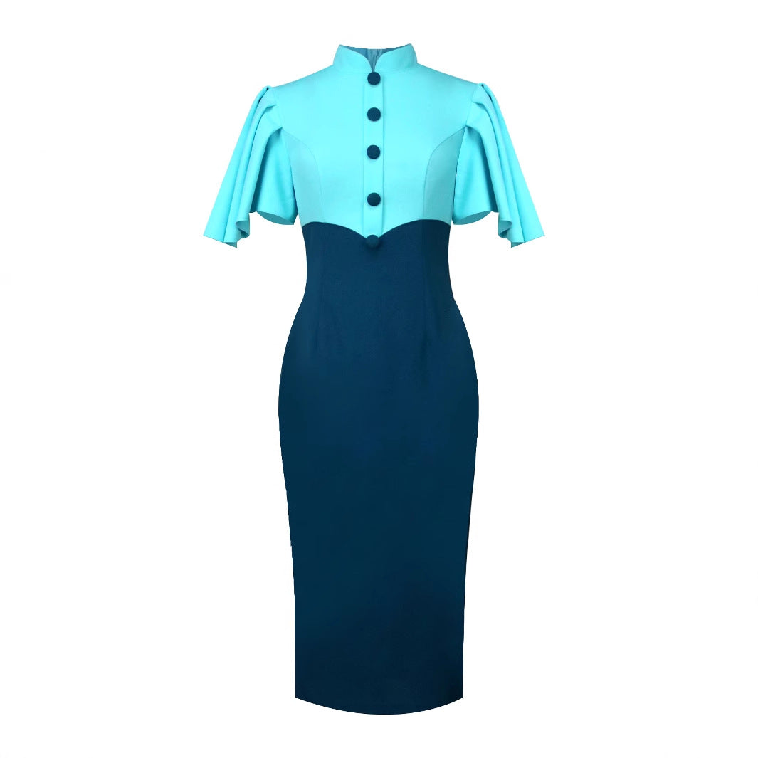 Damen figurbetontes Kleid mit eleganter Stehkragen und kunstvollen Puffärmeln Drune