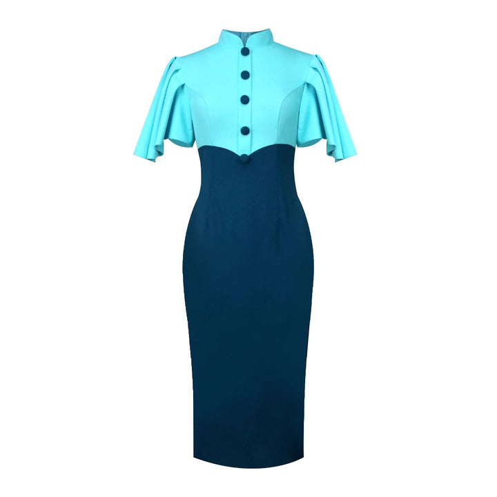 Damen figurbetontes Kleid mit eleganter Stehkragen und kunstvollen Puffärmeln Drune