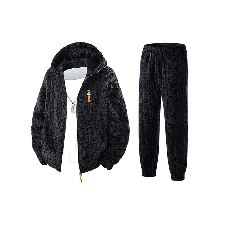 Herren Kuscheliges Sherpa-Fleece Set mit Kapuzenjacke und Strick‑Optik Jogginghose Drune