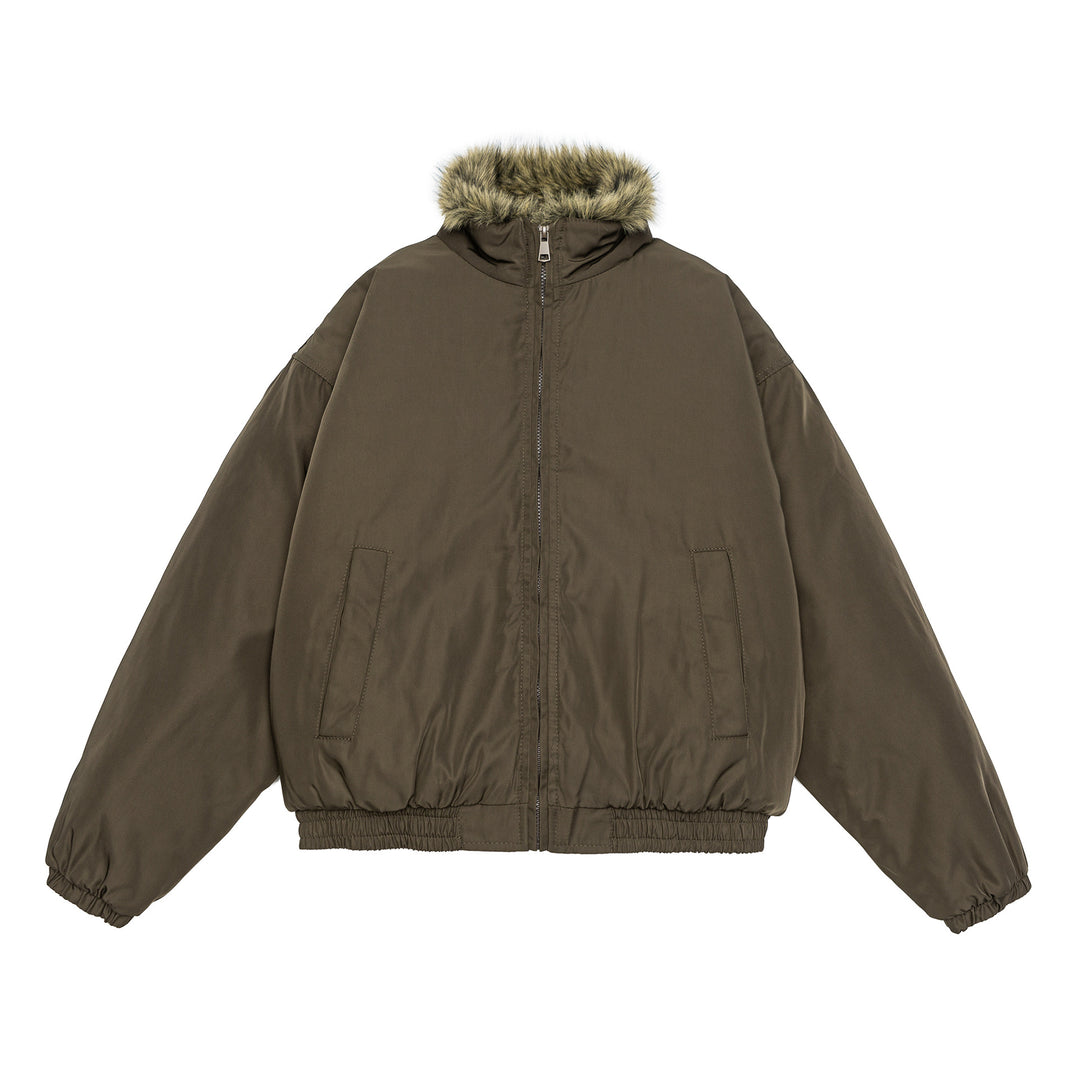 Damen Oversize wattierte Bomberjacke mit elastischem Saum und Kunstfellbesatz Drune