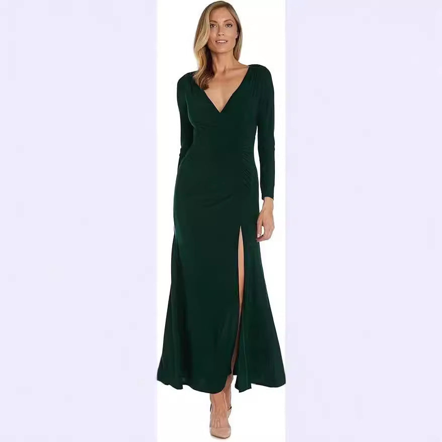 Damen elegantes Maxikleid mit tiefem V-Ausschnitt und seitlichem Schlitz Drune