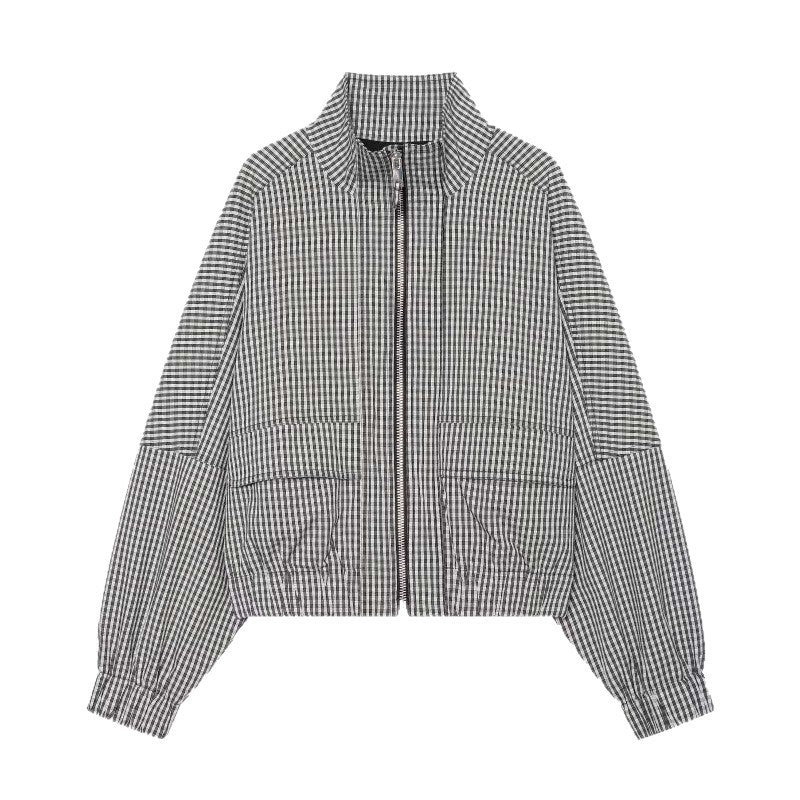 Damen Gekürzte Boxy‑Jacke im Vichy‑Karo mit Stehkragen und Zweiwege‑Reißverschluss Drune