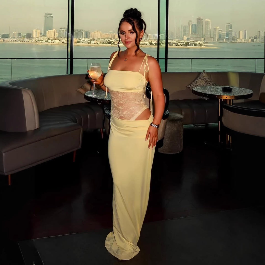 Damen elegantes langes Kleid mit raffiniertem Spitzenoberteil und verstellbaren Trägern Drune
