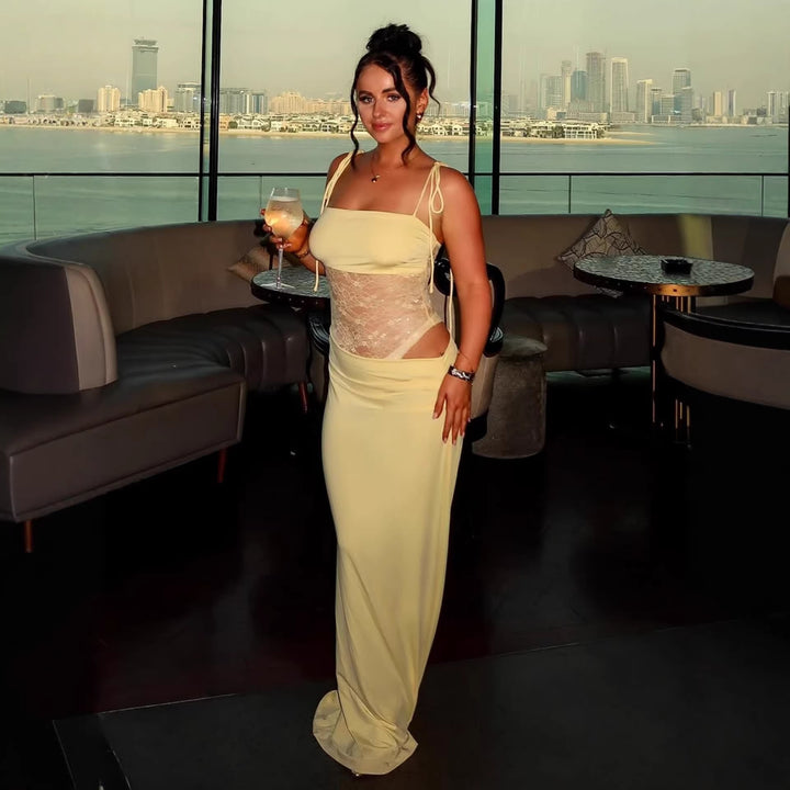 Damen elegantes langes Kleid mit raffiniertem Spitzenoberteil und verstellbaren Trägern Drune