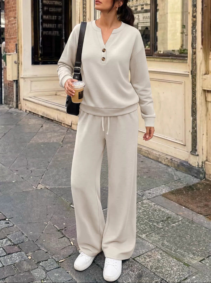 Damen Lounge-Set mit Henley-Kragen und palazzoweiter Jogginghose Drune