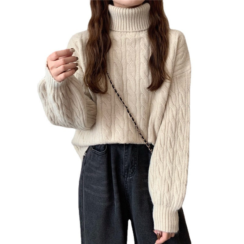 Damen Grobstrickpullover mit hohem Kragen und Zopfmuster Drune