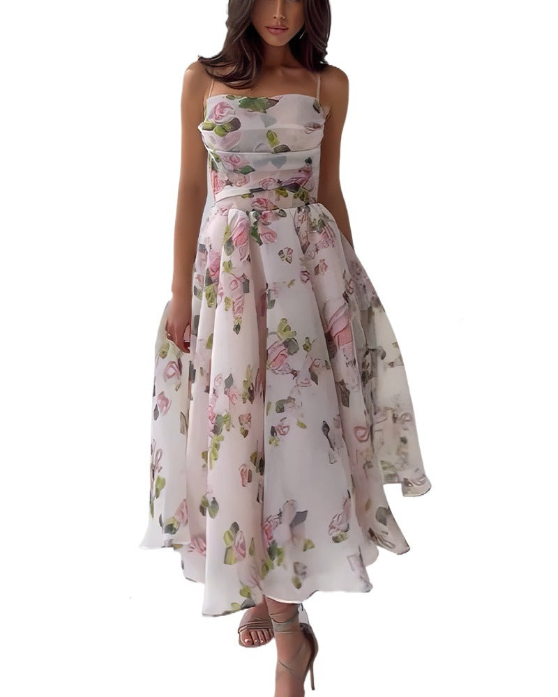 Damen Halb-transparentes Abendkleid mit floralem Muster und Trägern Drune