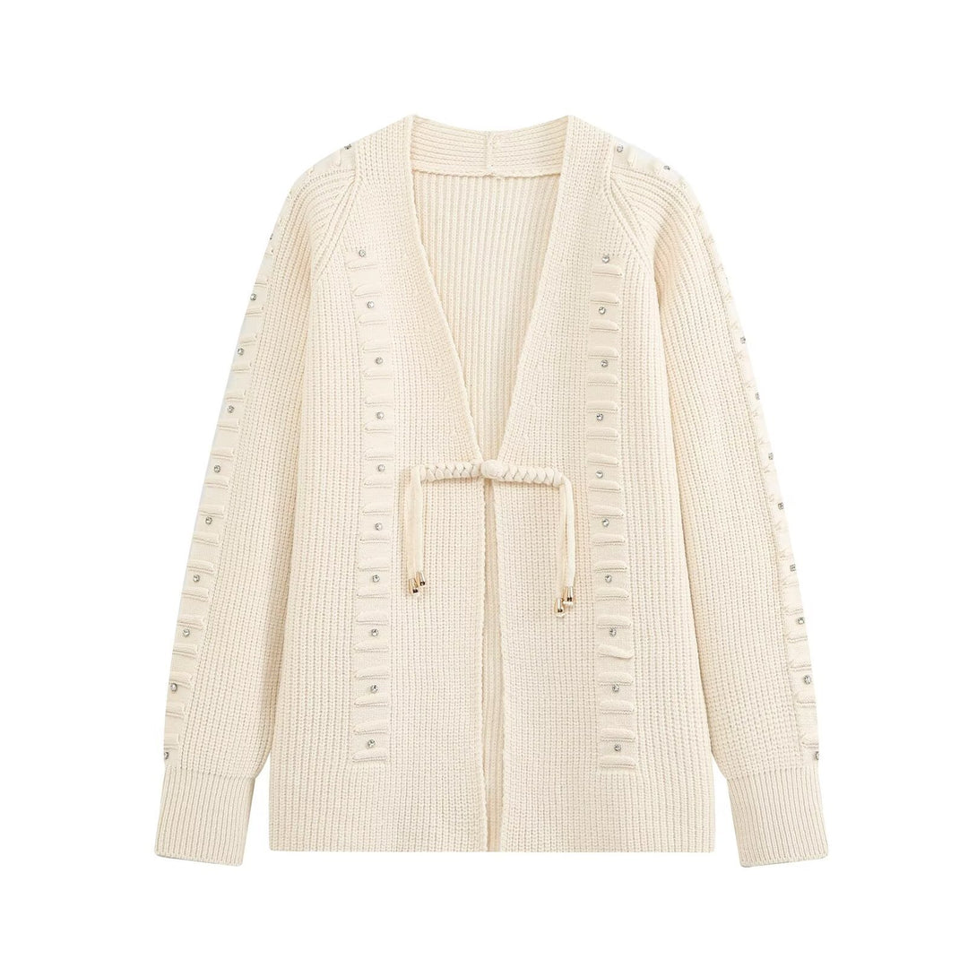 Damen Grobgestrickter Longcardigan mit Ziersteinen und Kordelbindung Drune