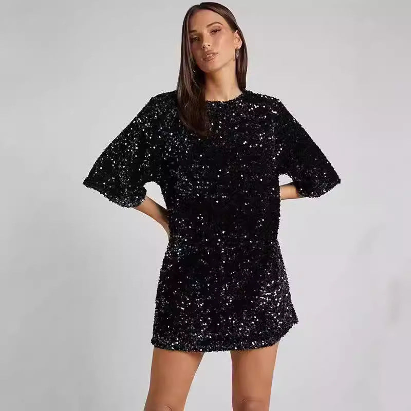 Damen Funkelndes Pailletten-Kleid mit lockeren Ärmeln und Rundhalsausschnitt Drune
