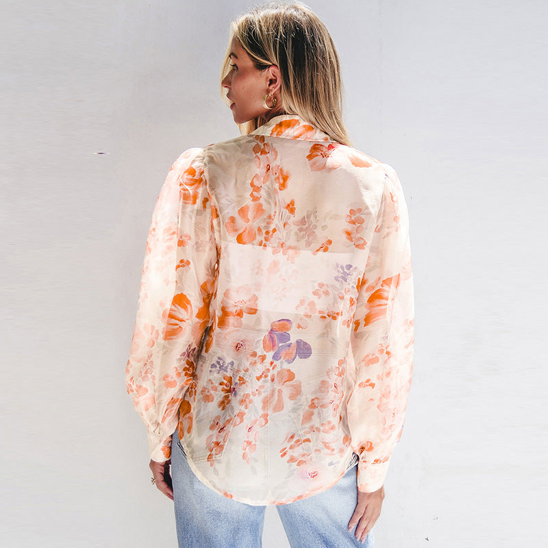 Damen luftiges Blusenshirt mit floralem Design und voluminösen Ärmeln Drune