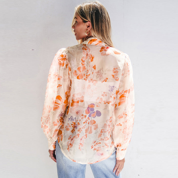 Damen luftiges Blusenshirt mit floralem Design und voluminösen Ärmeln Drune