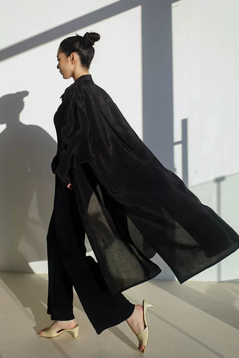 Damen Oversize Hemdblusen-Mantel mit Brusttasche, Seitenschlitz und fließender Leinenoptik Drune