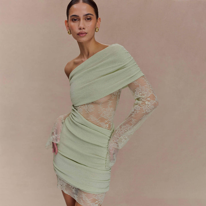 Damen elegantes Minikleid mit Spitzenärmeln Drune