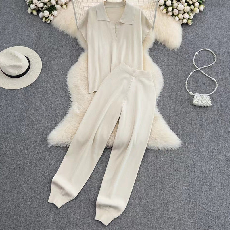 Damen elegantes Lounge-Set mit kurzärmligem Polo und weiten Hosen Drune