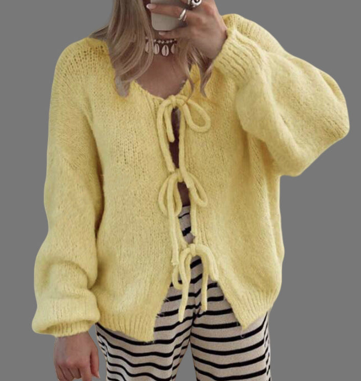 Damen Kuscheliger Strickcardigan mit großzügigem Schnitt und dekorativen Kordeln Drune
