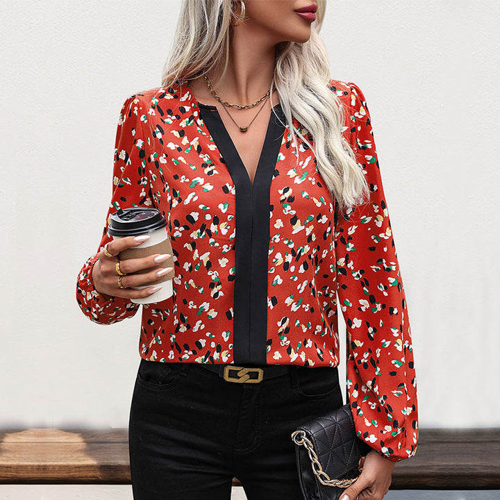 Damen Leichte Langarm-Bluse mit kontrastierender Blende und abstraktem Allover-Print Drune