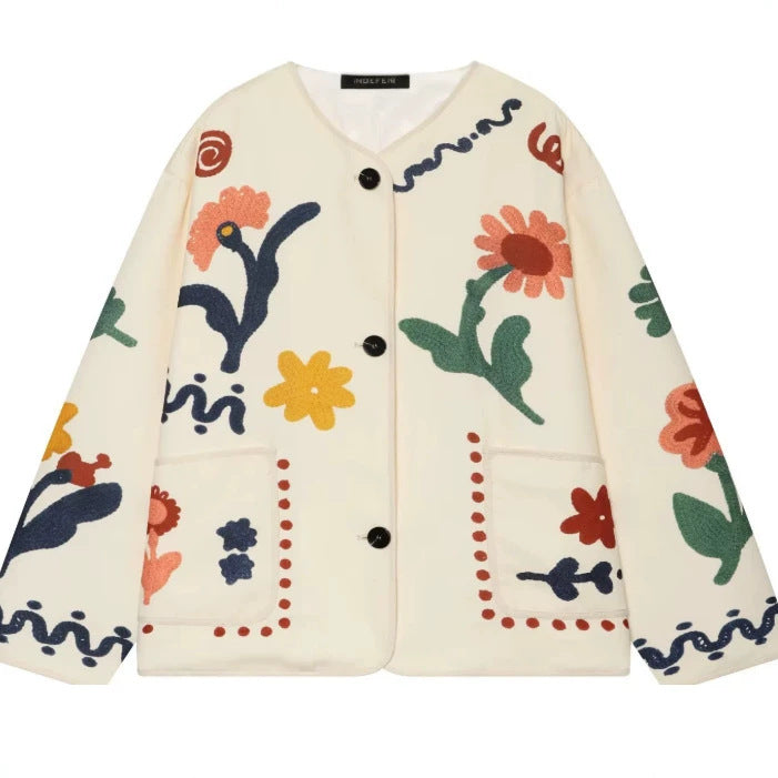 Damen Boxy Cardiganjacke mit floralen Applikationen und aufgesetzten Taschen Drune