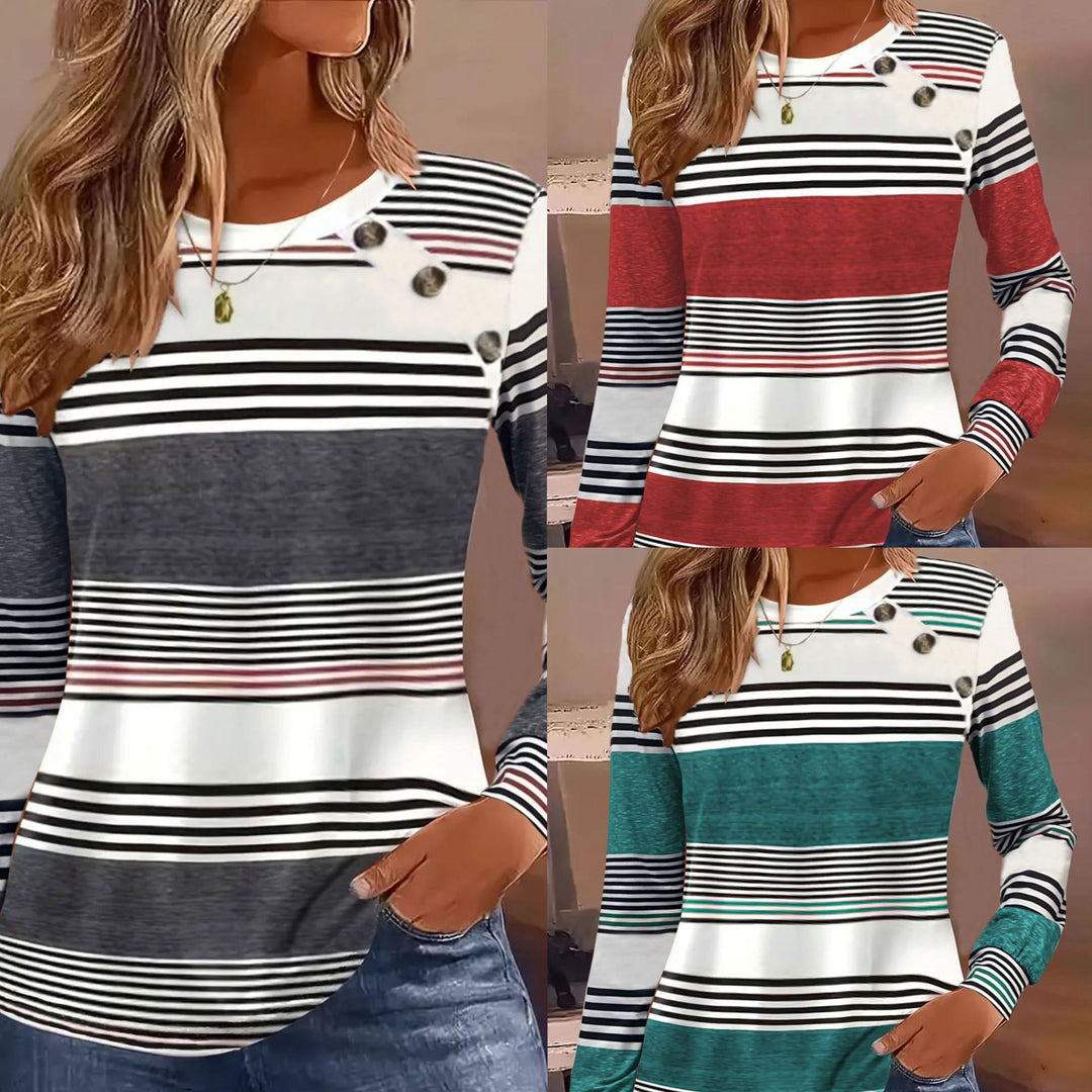 Damen Langarmshirt mit maritimem Streifenmuster und dekorativen Knopfdetails Drune