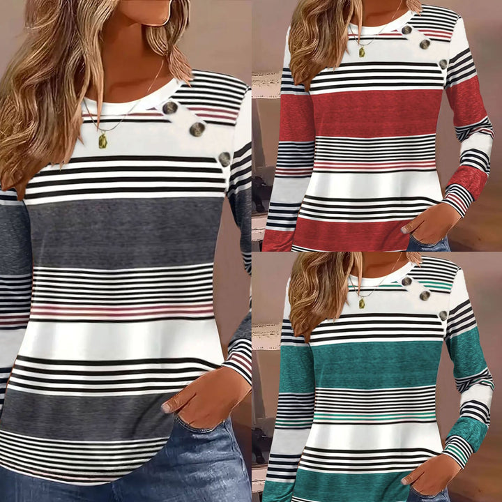 Damen Langarmshirt mit maritimem Streifenmuster und dekorativen Knopfdetails Drune