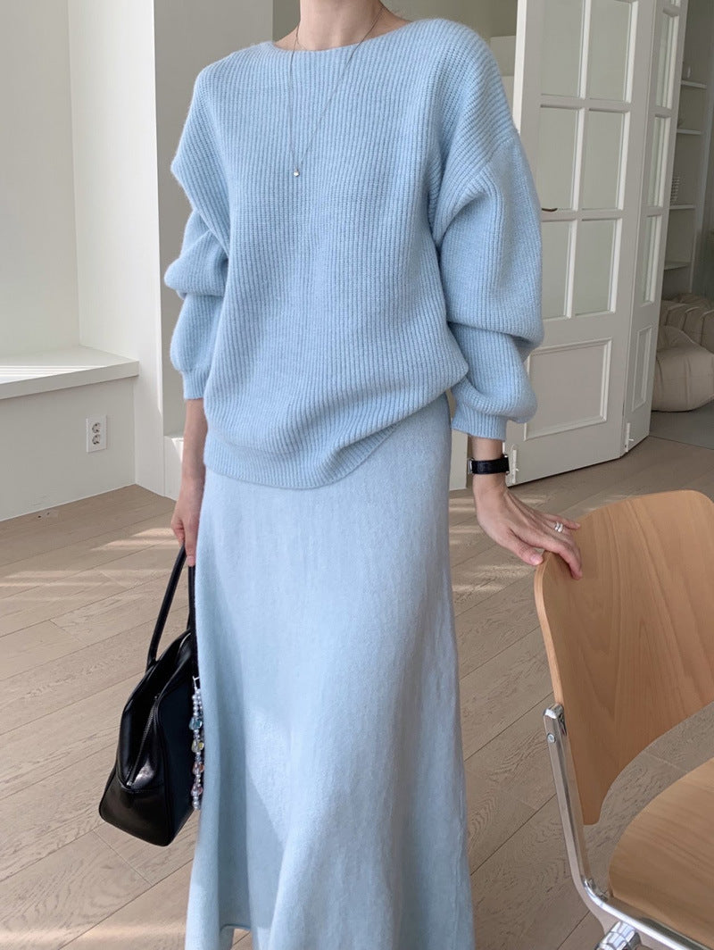 Damen Strick-Set aus Oversize-Ripp-Pullover und fließendem Maxirock Drune