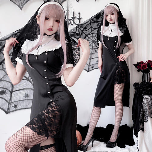 Damen Gothic Nonnenkostüm mit transparenten Spitzenärmeln und Kreuzdetails Drune