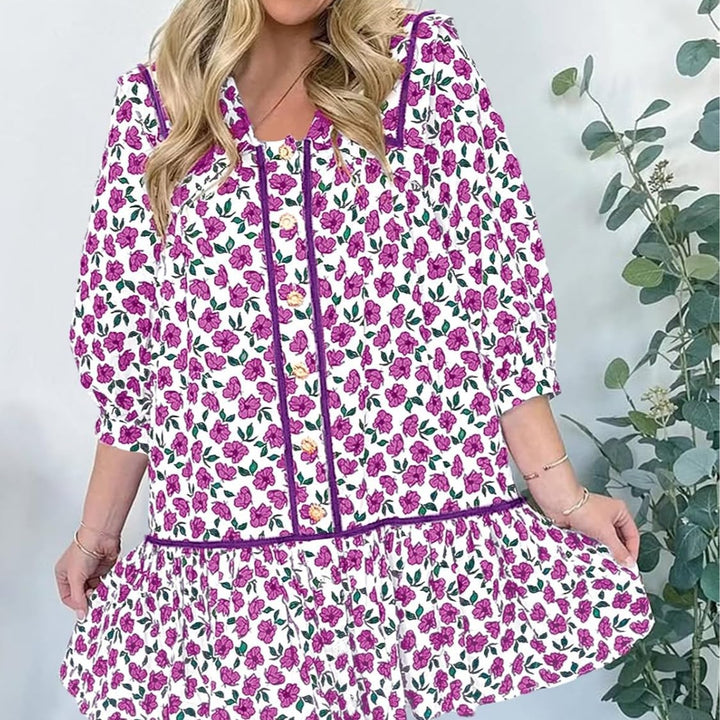 Damen blumiges Kurzarm Kleid mit geräumigen Taschen und romantischem Kragen Drune