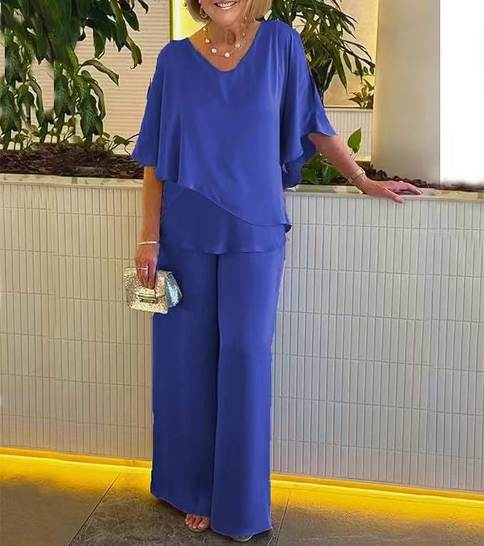 Damen elegante Kombination aus fließendem Oberteil und weitem Hosendesign Drune