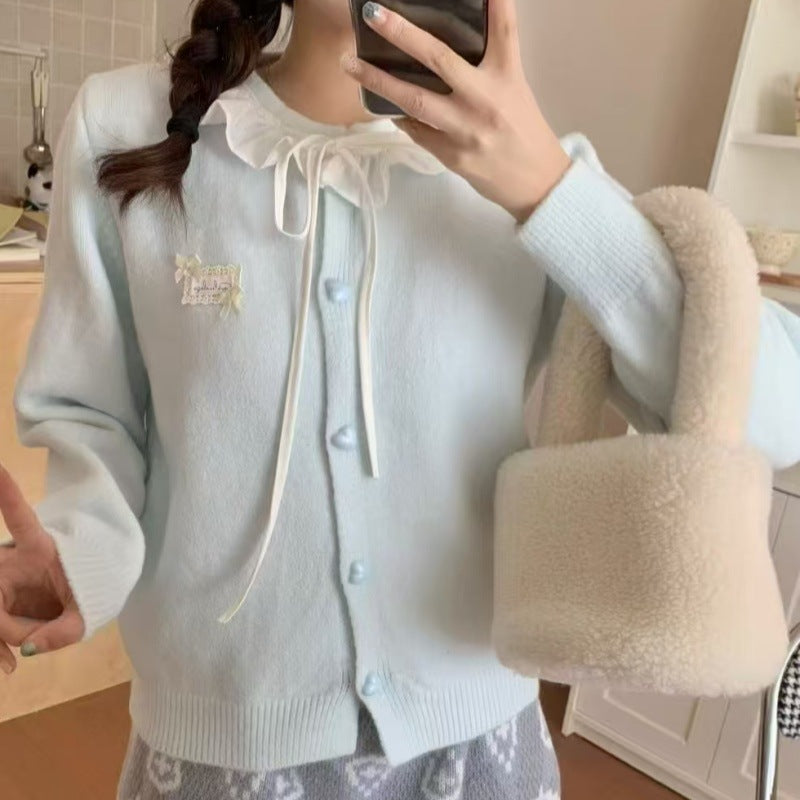 Damen verspielte Strickjacke mit Rüschendetail und perlenähnlichen Knöpfen Drune
