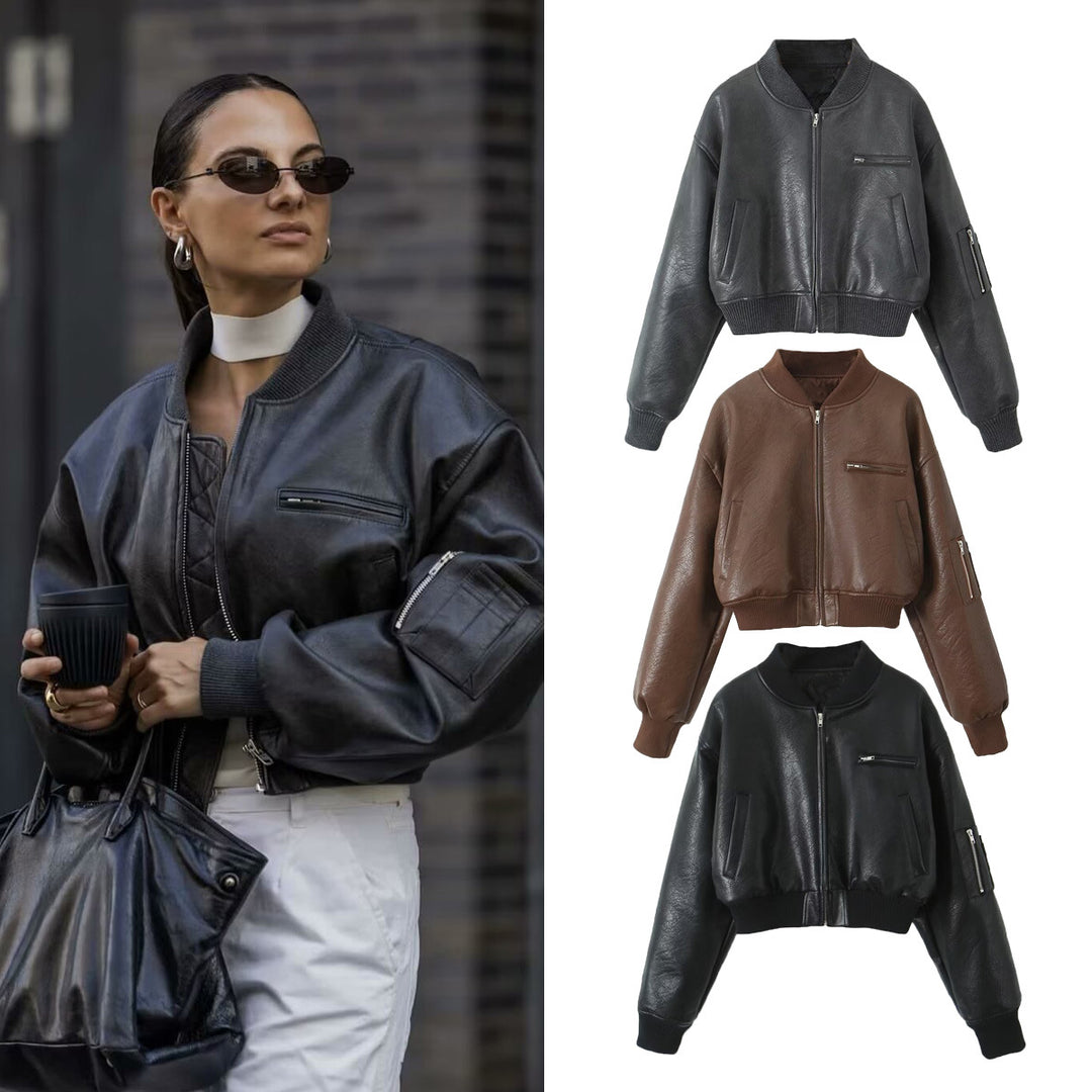 Damen Cropped-Bomberjacke in Vintage-Lederoptik mit Ärmeltasche und breitem Rippbündchen Drune