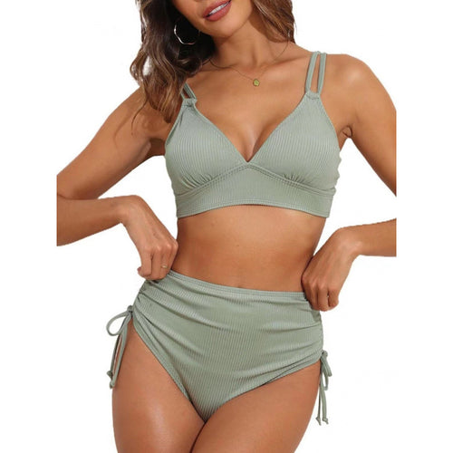Damen schickes High-Waist-Bikini-Set mit verstellbaren Trägern und Raffung Drune