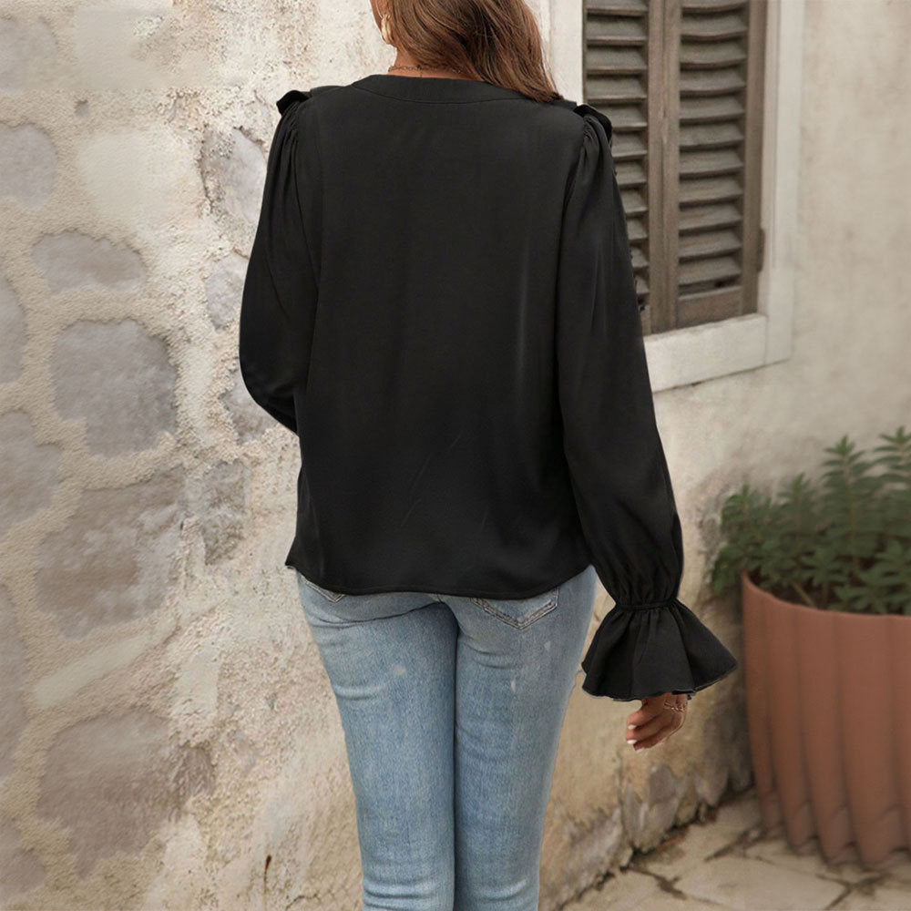 Damen feminine Rüschenbluse mit V-Ausschnitt Volantreihe und Glockenärmeln Drune