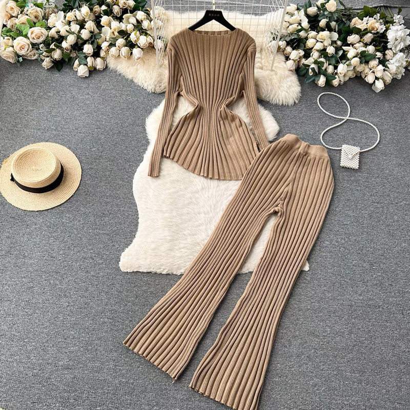Damen modisches Strick-Loungewear-Set mit schmeichelnden Rippdetails Drune