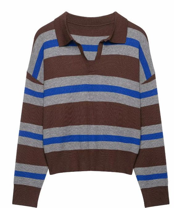 Damen Cropped Rugby-Strickpullover mit Kentkragen und V‑Ausschnitt Drune