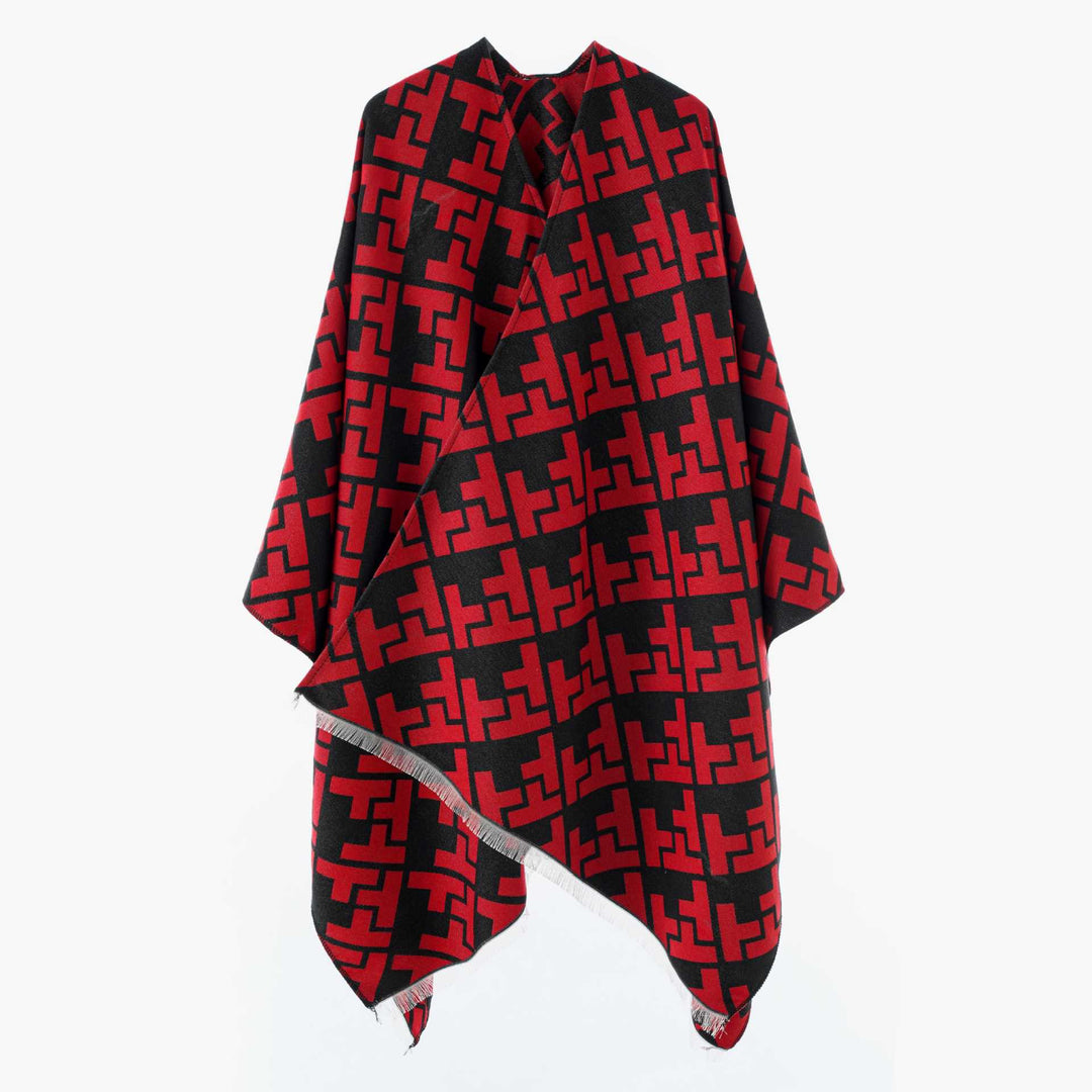 Damen Oversize Jacquard-Capeponcho aus Wollmix mit geometrischem Muster und Fransen Drune