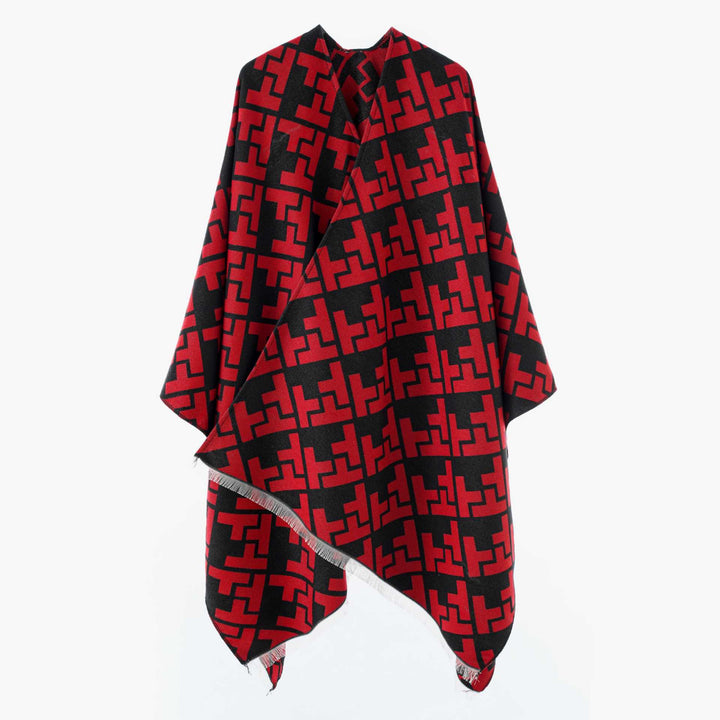 Damen Oversize Jacquard-Capeponcho aus Wollmix mit geometrischem Muster und Fransen Drune