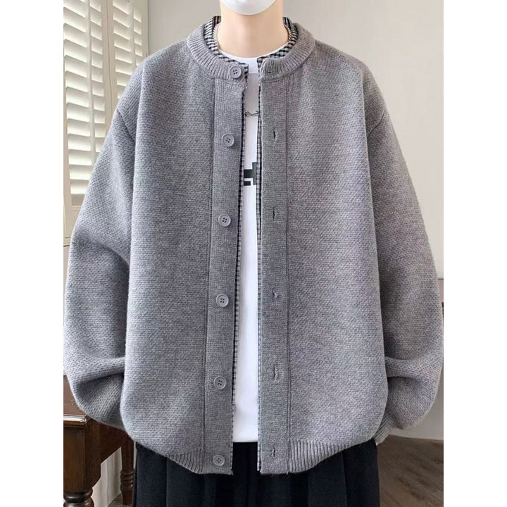 Herren Oversized Strickjacke im Bomberstil mit Rundhals und Knopfleiste Drune