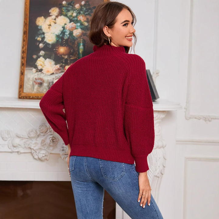 Damen Grobstrick Pullover mit Stehkragen Drune