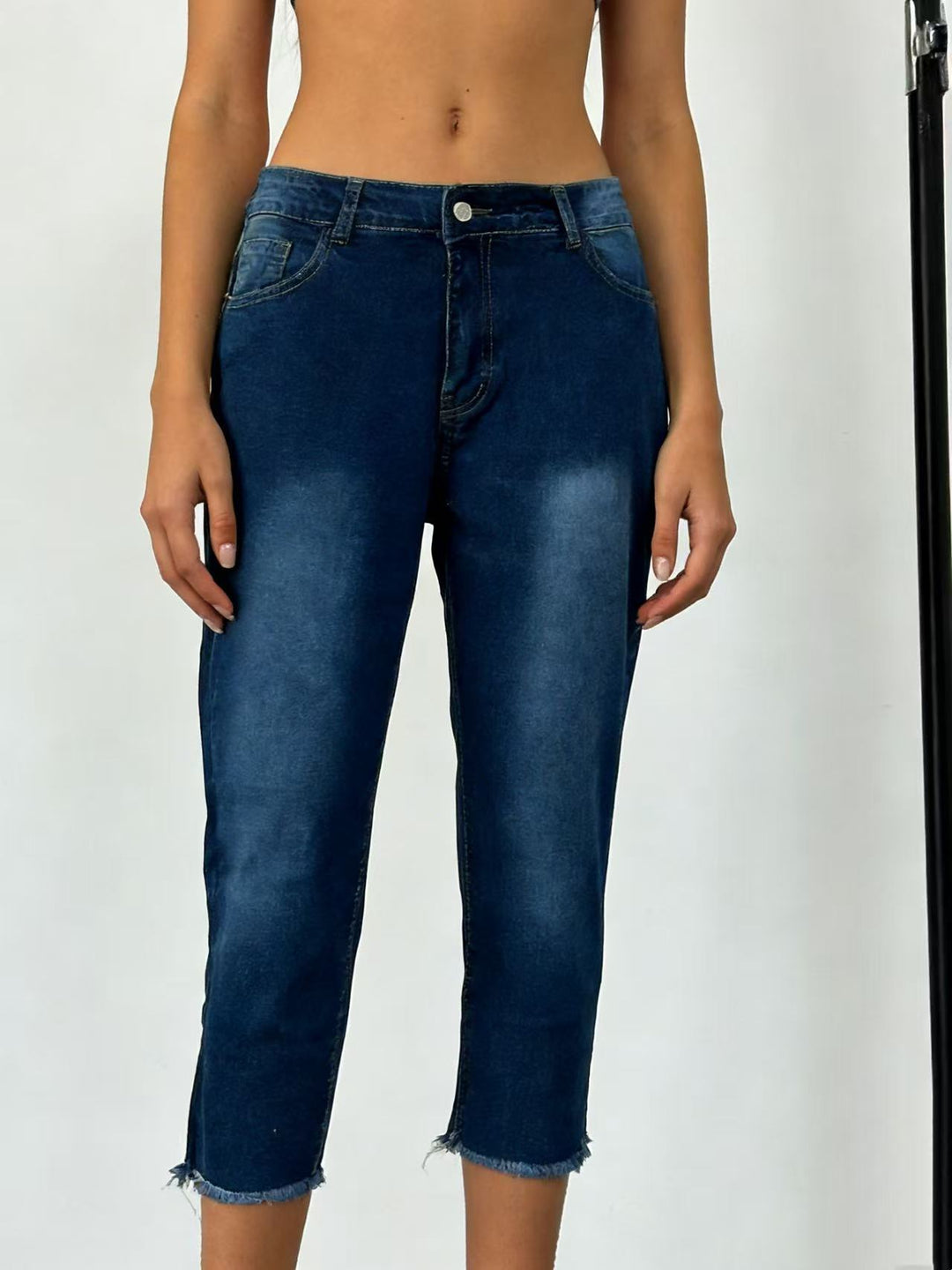 Damen nan schmale knöchellange Jeans mit rohem Fransenabschluss und mittelhoher Taille Drune