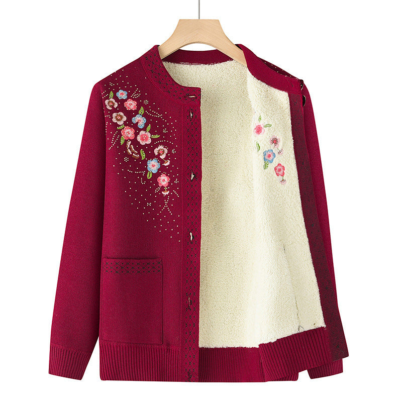Damen nan bestickte Strickjacke mit Rundhals, aufgesetzten Taschen und dekorativer Knopfleiste Drune