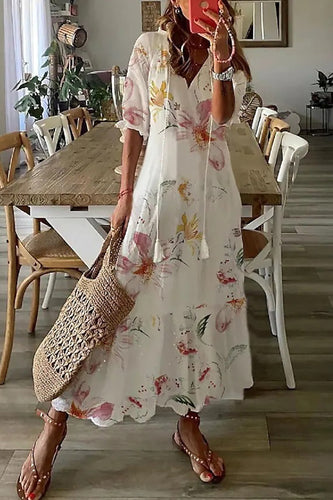 Drune | Boho V-Ausschnitt Blumen Maxi Kleid