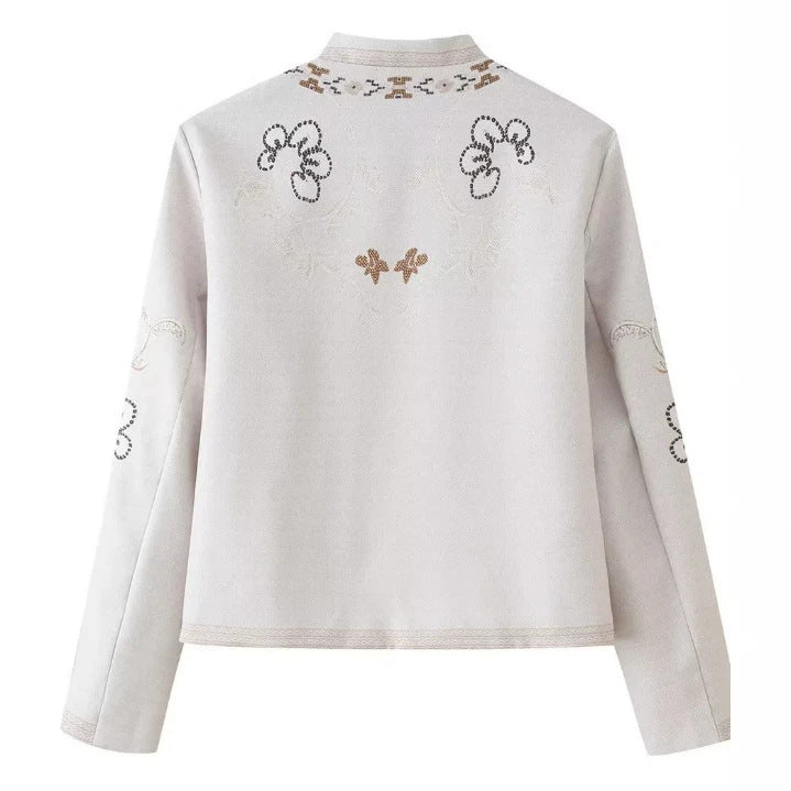 Damen Feine bestickte Kurzjacke mit Stehkragen und floraler Ornament‑Stickerei Drune