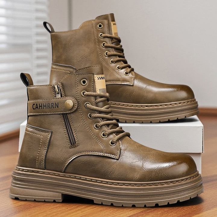 Herren robuste Lederoptik Combat-Boots mit seitlichem Reißverschluss und gepolsterter Plateausohle Drune