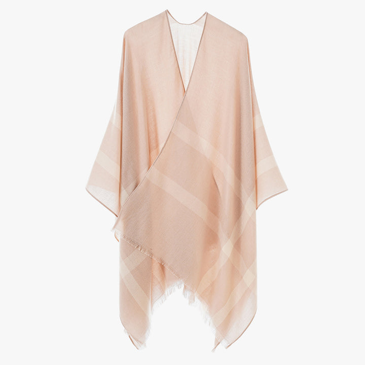 Damen leichter Feinstrick-Cape mit diagonalen Kontraststreifen und Fransen Drune