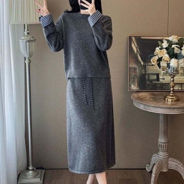 Damen Elegantes Strickkleid mit abnehmbarem Blusenkragen und Tunnelzug Drune
