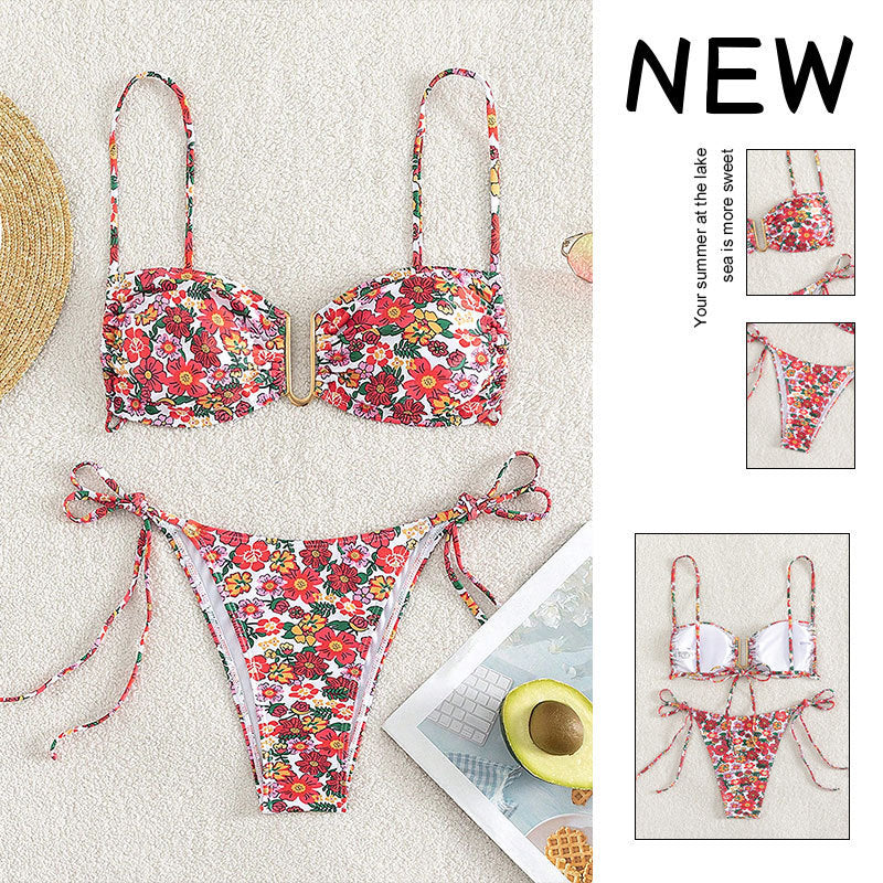 Damen blumenmusterter Bikini mit hellem Bustier-Oberteil und verstellbaren Trägern Drune