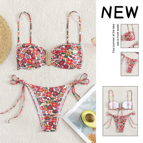 Damen blumenmusterter Bikini mit hellem Bustier-Oberteil und verstellbaren Trägern Drune